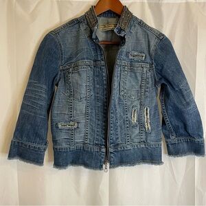 ALLEN B Women’s Jeweled Distressed Jean Jacket Cropped Sleeves Size Small